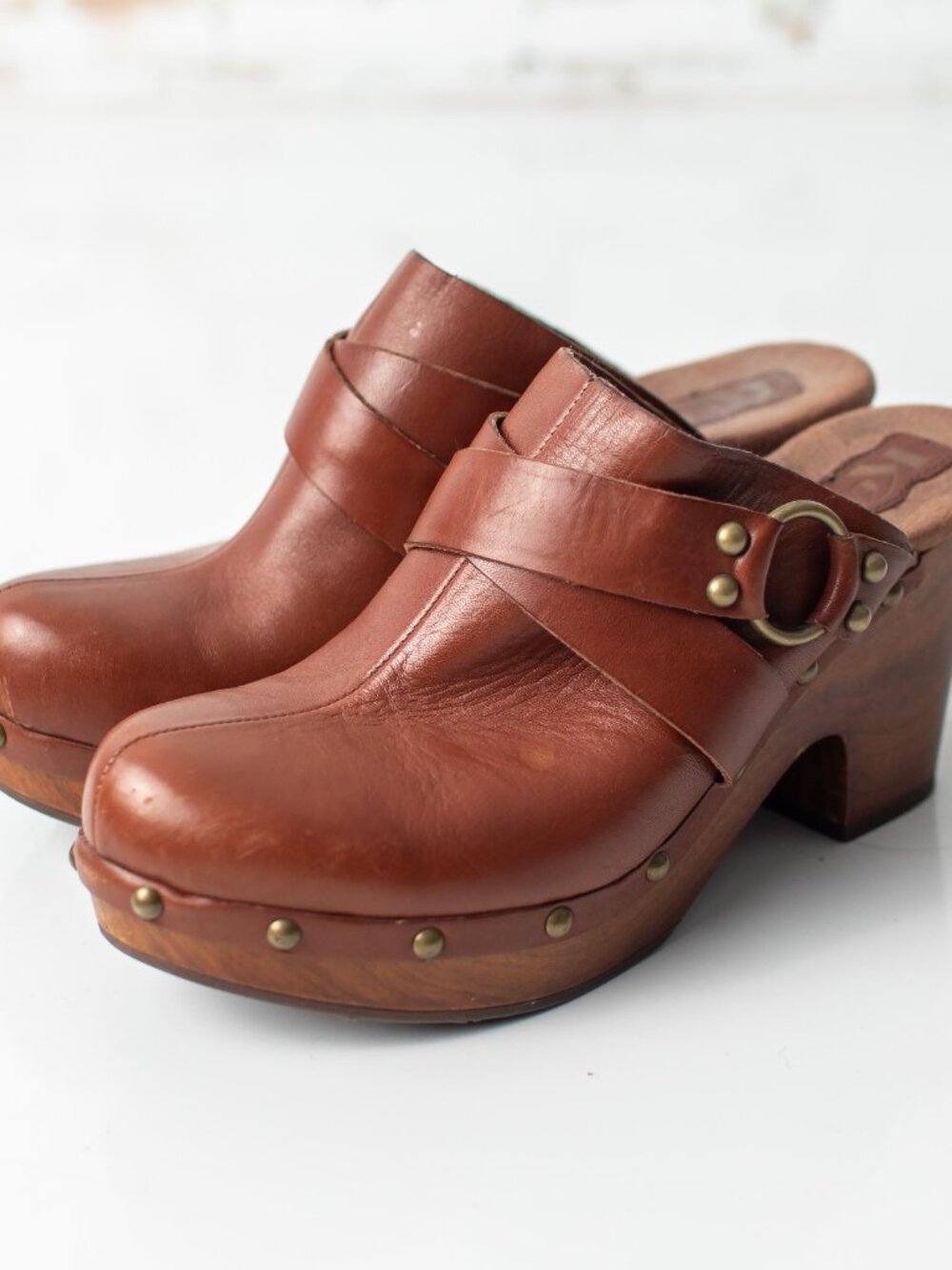 Korks Brown Leather Wooden Platform Clog Mules Women's EU 39 US 8 - Picture 2 of 9